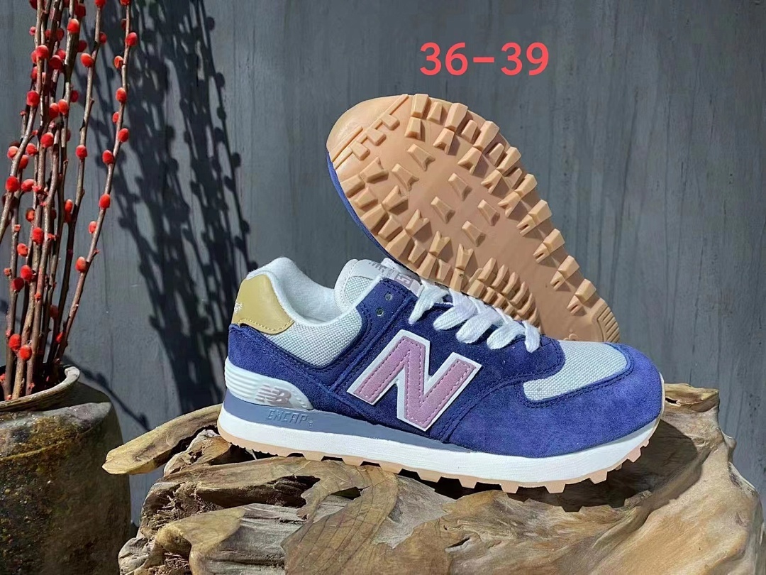 New Balance 574 Lifestyle Sneakers Navy Blue Suede Light Grey Mesh with Mauve N Logo Gold Heel Tab and Gum Outsole ENCAP Cushioning WL574 / ML574 (Colorway: Blue / Grey / Mauve / Tan)