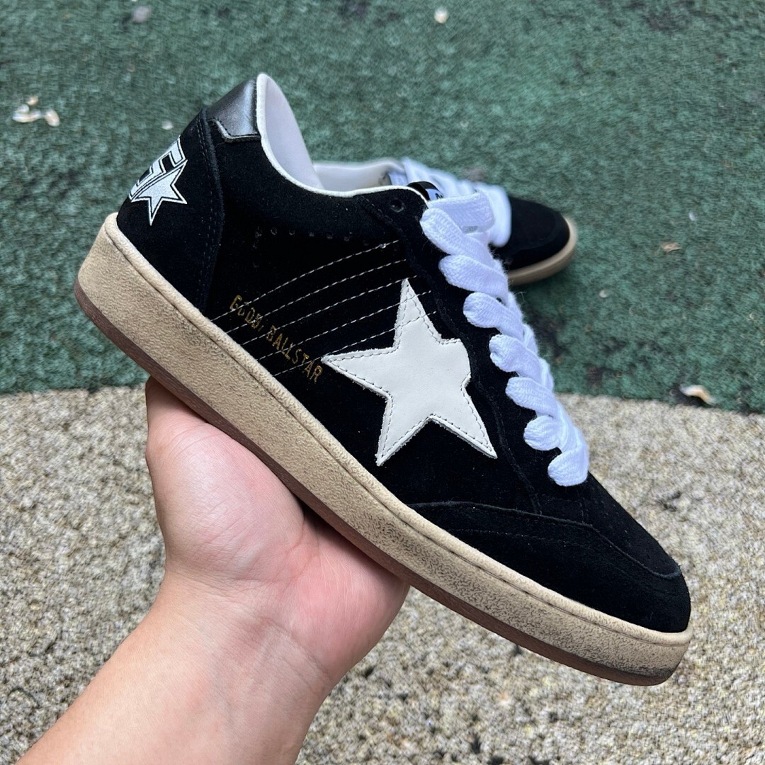 Golden Goose Ball Star Sneakers Black Suede White Star Distressed Sole 9 on Heel - Image 9