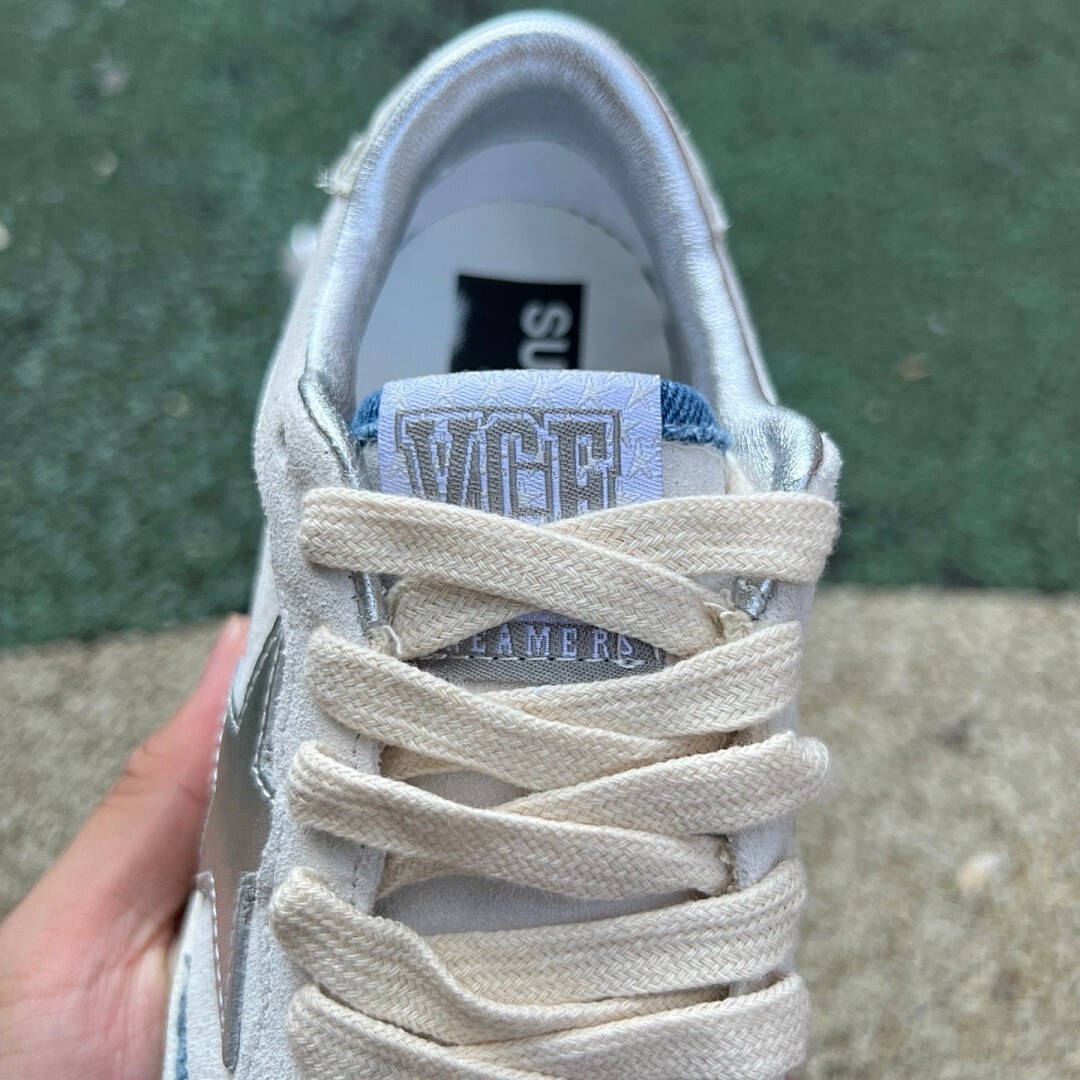 Golden Goose Ball Star White Suede Blue Distressed Denim Silver Star Low Top Sneakers - Image 6