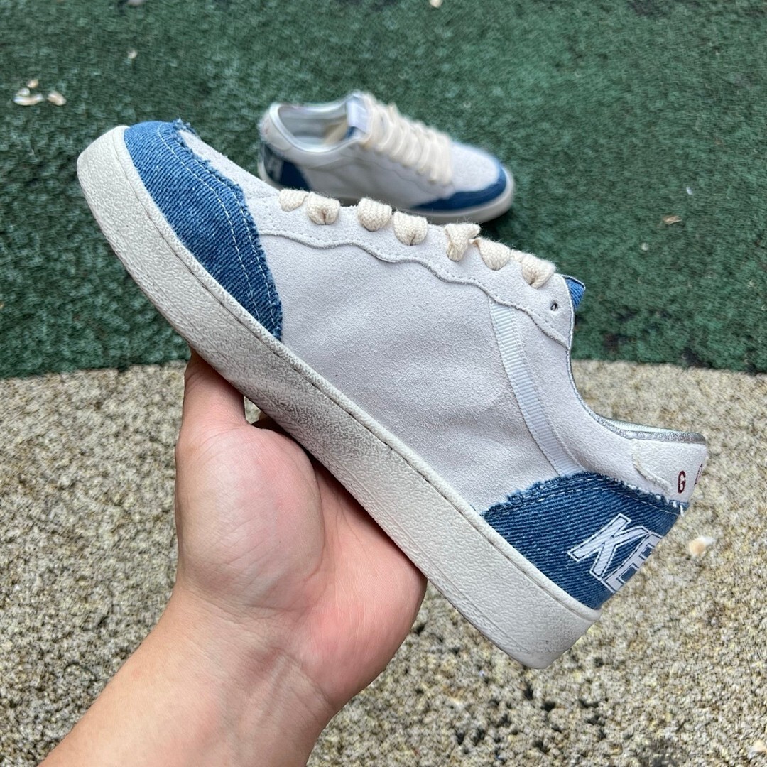 Golden Goose Ball Star White Suede Blue Distressed Denim Silver Star Low Top Sneakers - Image 8