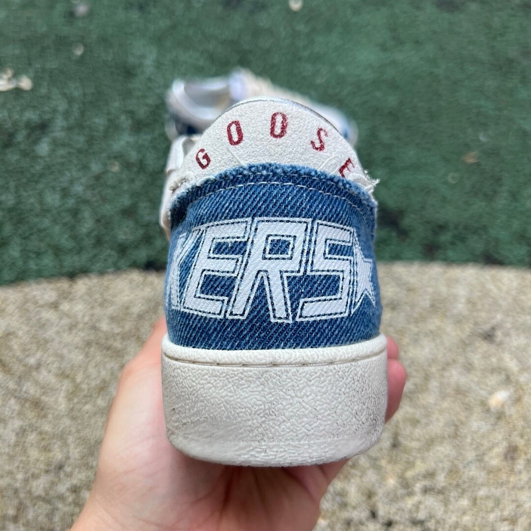 Golden Goose Ball Star White Suede Blue Distressed Denim Silver Star Low Top Sneakers - Image 9