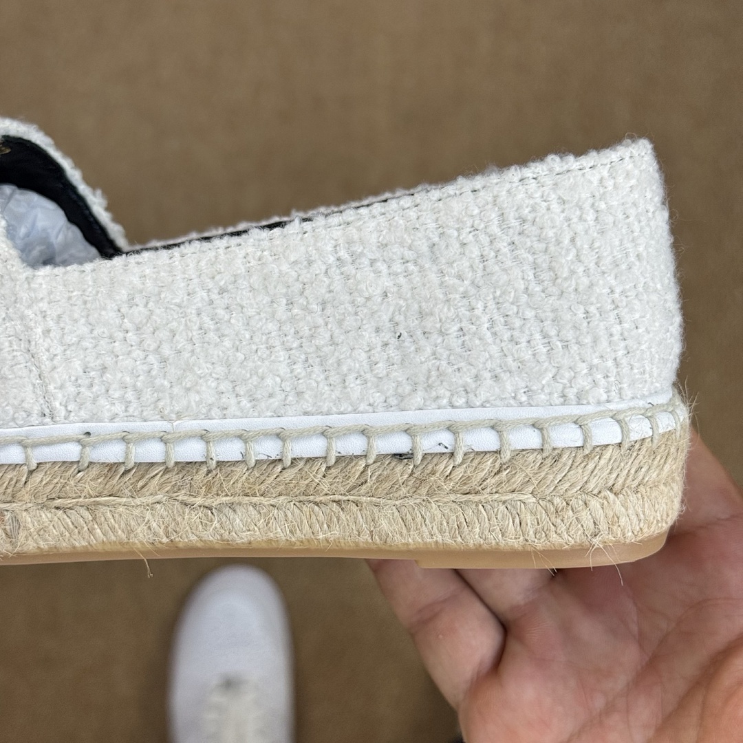 Chanel Espadrilles in White Tweed with Black Toe Cap and CC Logo - Image 8