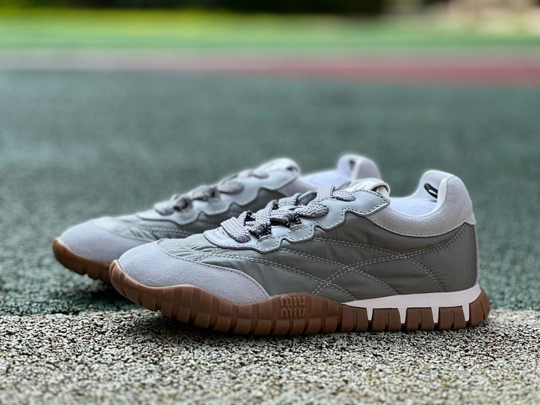 Miu Miu 5E930C Padded Nylon and Suede Lace-up Trainers Khaki Green