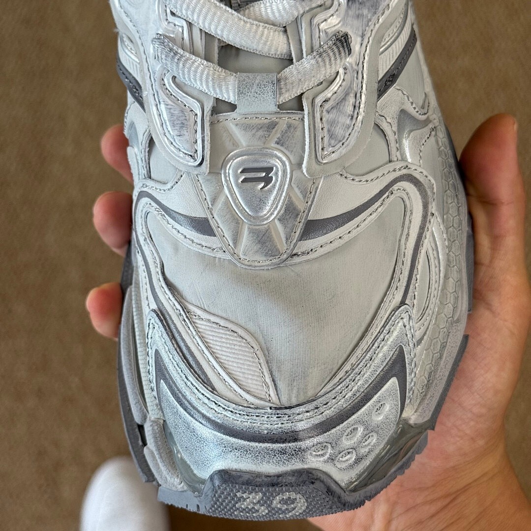 Balenciaga Runner Sneaker White Silver Distressed 677403 W3CP2 - Image 4