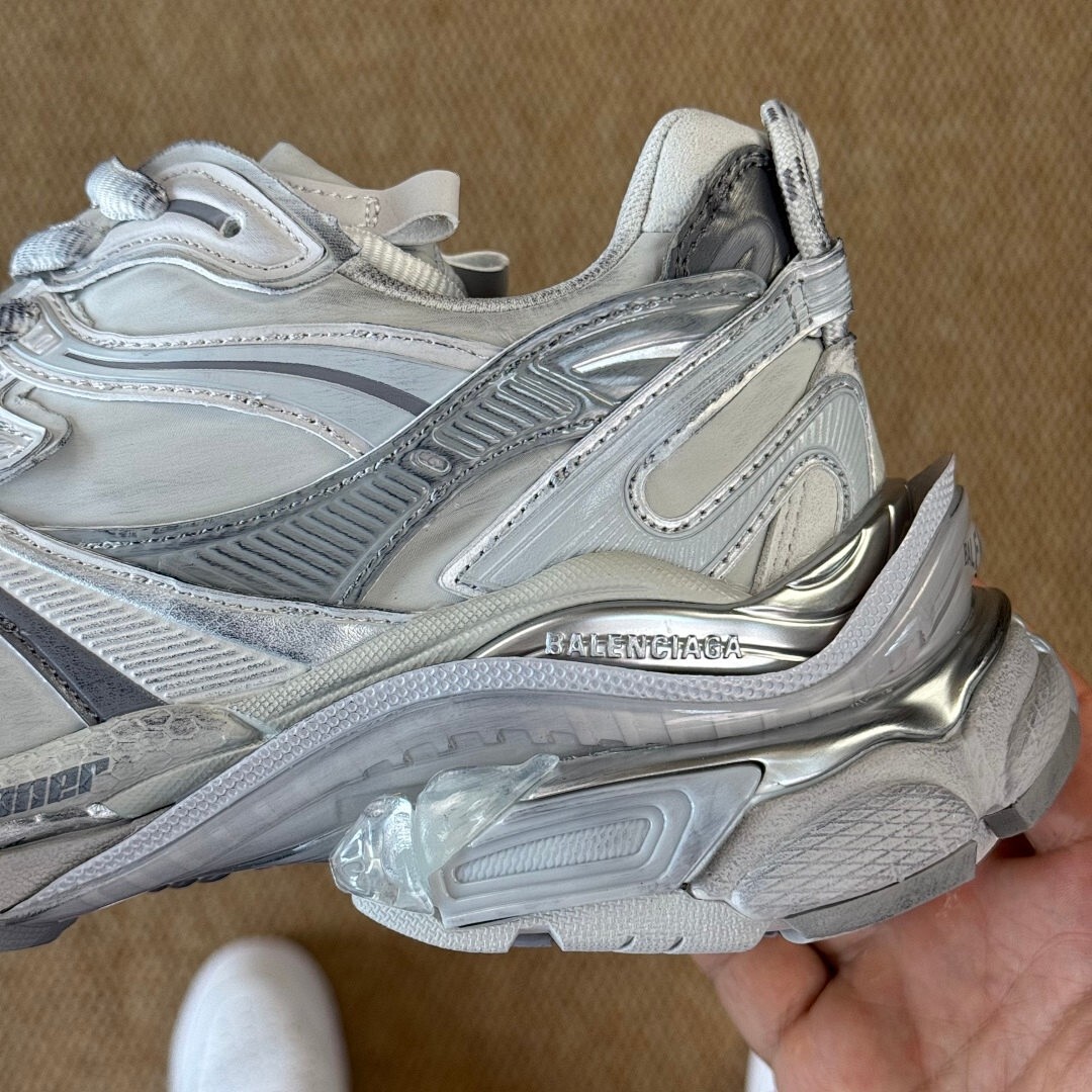 Balenciaga Runner Sneaker White Silver Distressed 677403 W3CP2 - Image 6