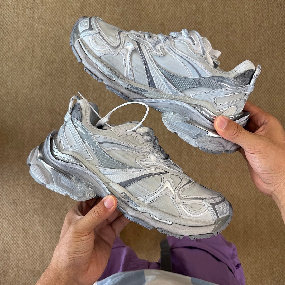 Balenciaga Runner Sneaker White Silver Distressed 677403 W3CP2 - Image 9