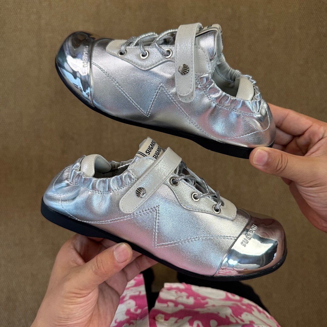 Women's Silver Metallic Flat Shoes with Chrome Toe Cap, Elasticated Heel, and Instep Strap - Image 8