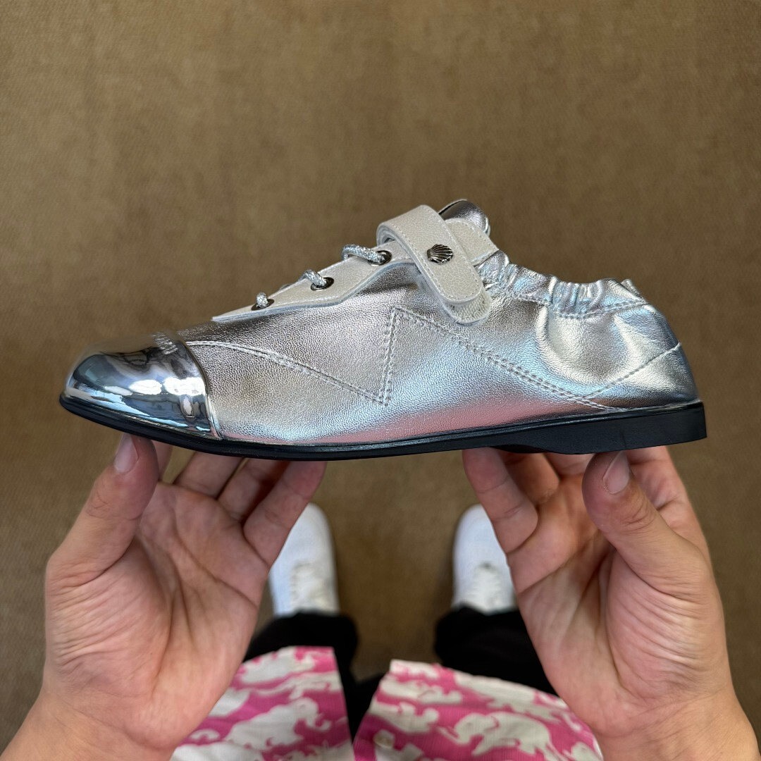 Women's Silver Metallic Flat Shoes with Chrome Toe Cap, Elasticated Heel, and Instep Strap - Image 9