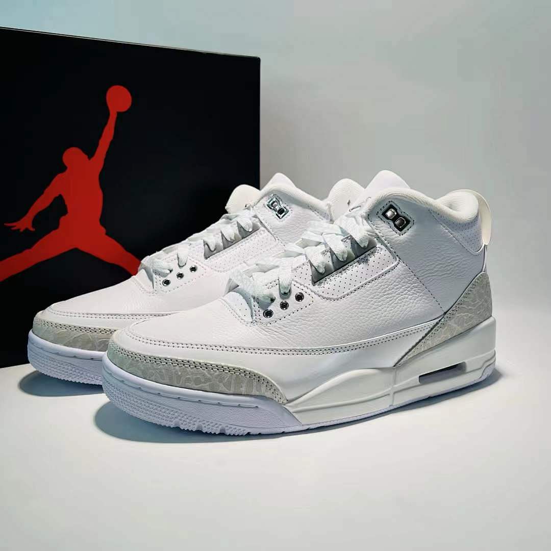 Air Jordan 3 Retro Pure Money White Metallic Silver Pure Platinum Men's Sneakers Shoes (136064-103)