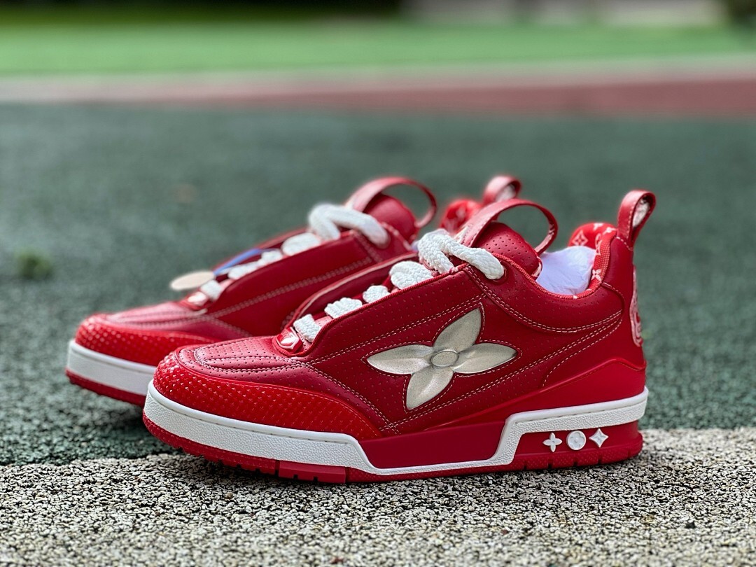 Louis Vuitton LV Trainer Sneaker Red Metallic Monogram Flower