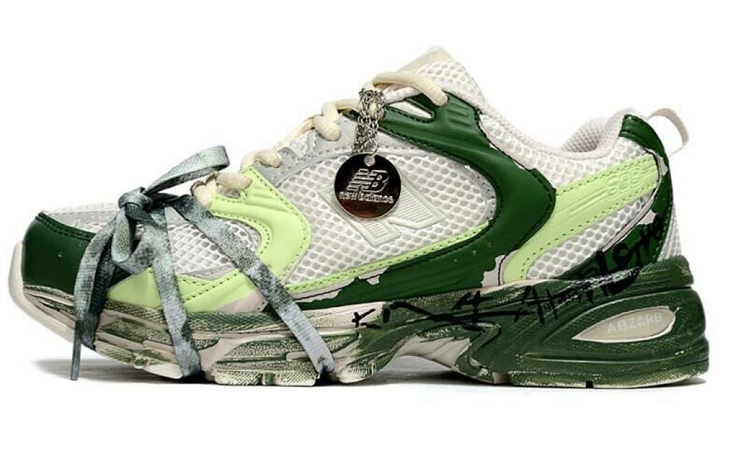 New Balance 530 White Green Distressed Graffiti Sneakers