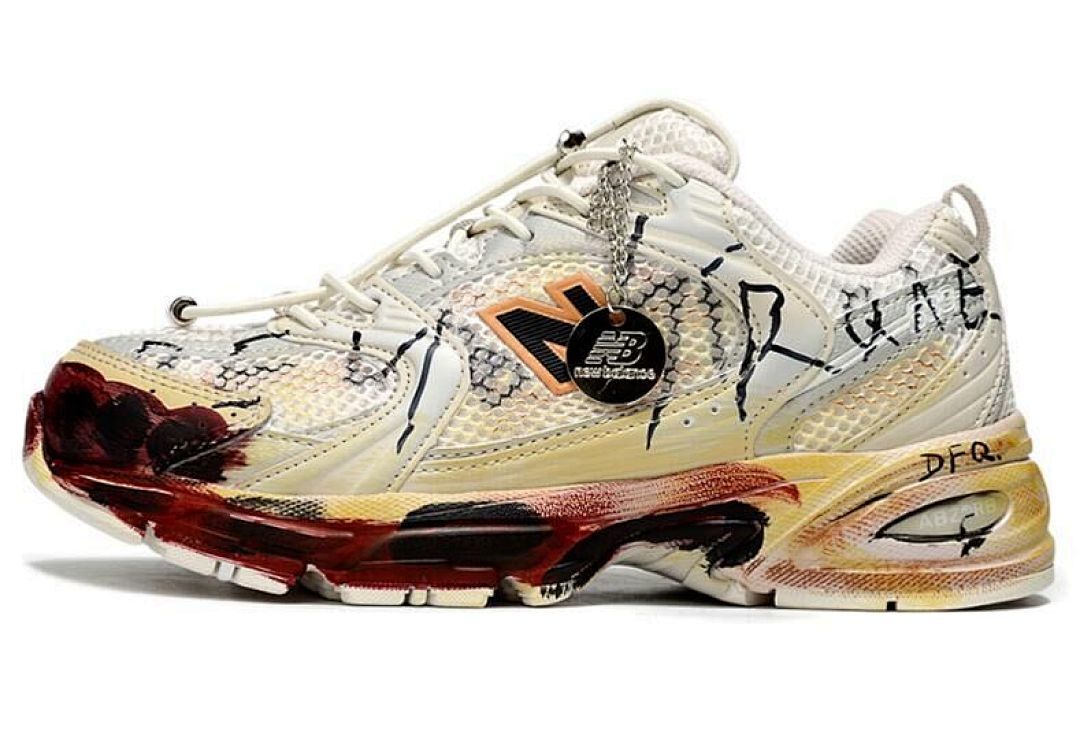 New Balance 530 Distressed Cream Red Paint Splatter Black Graffiti 'REAL DFQ' Y2K Retro Running Sneakers