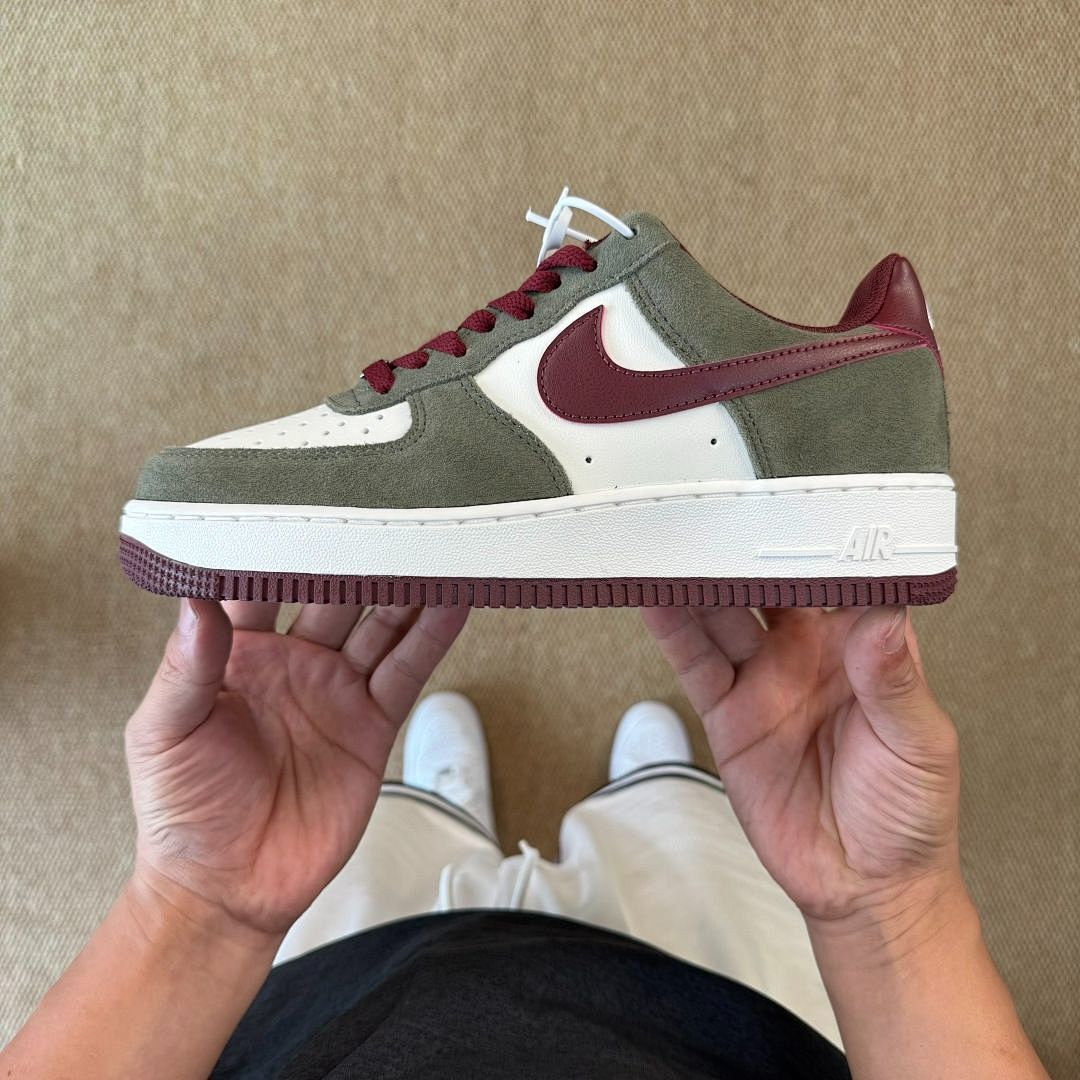 Nike Air Force 1 Low Olive Green Suede White Burgundy