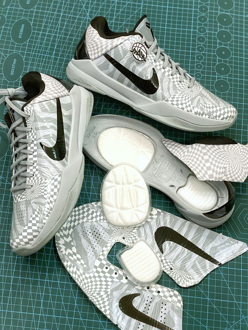 Nike Kobe 5 Protro Grey White Checkerboard Radial Swirl Pattern