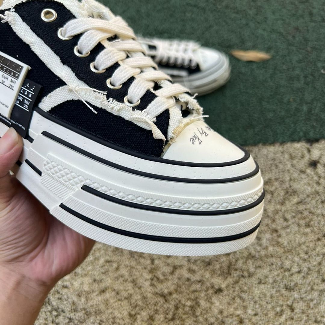 XVS XVSESLSR Platform Deconstructed Raw Edge Black Canvas Low Top Sneakers - Image 3