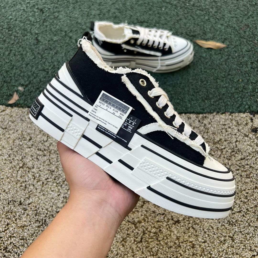 XVS XVSESLSR Platform Deconstructed Raw Edge Black Canvas Low Top Sneakers - Image 9