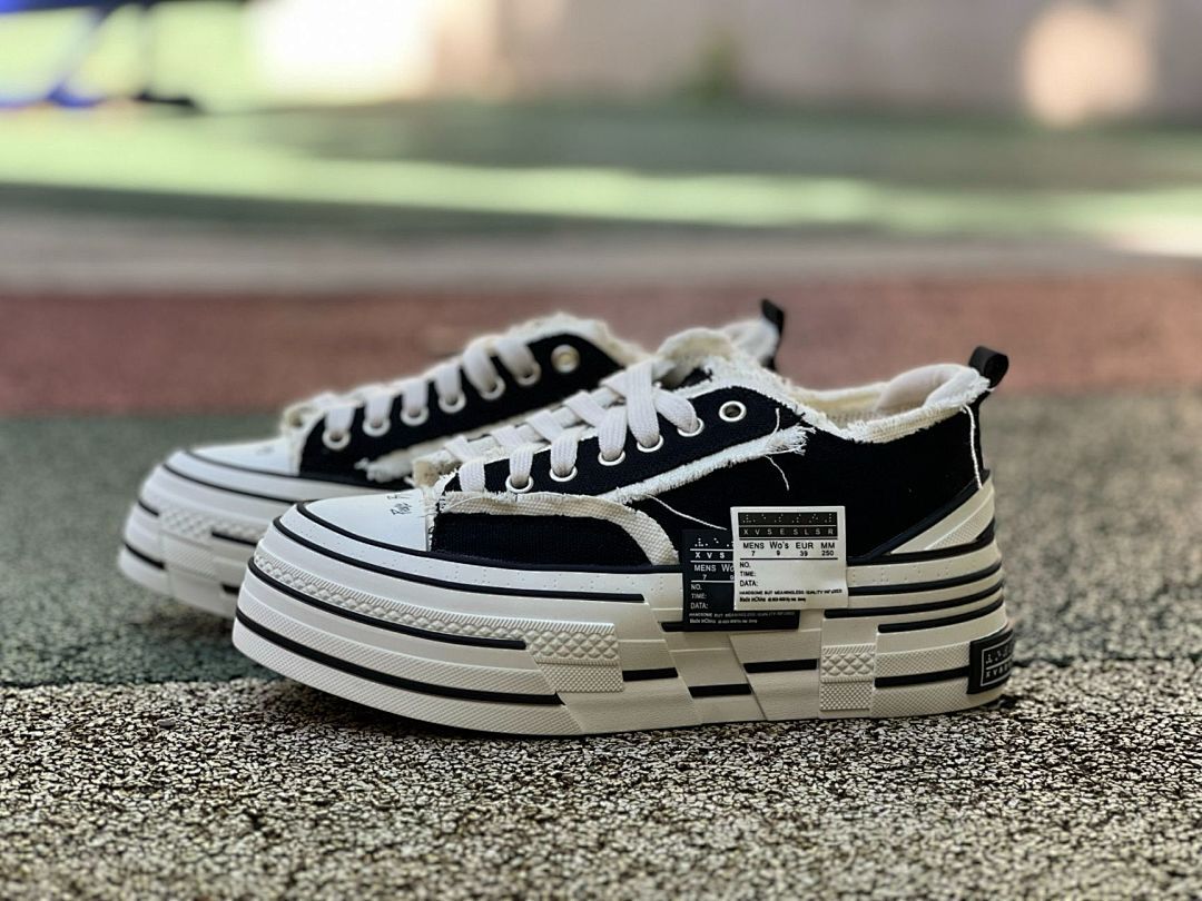 XVS XVSESLSR Platform Deconstructed Raw Edge Black Canvas Low Top Sneakers - Image 10