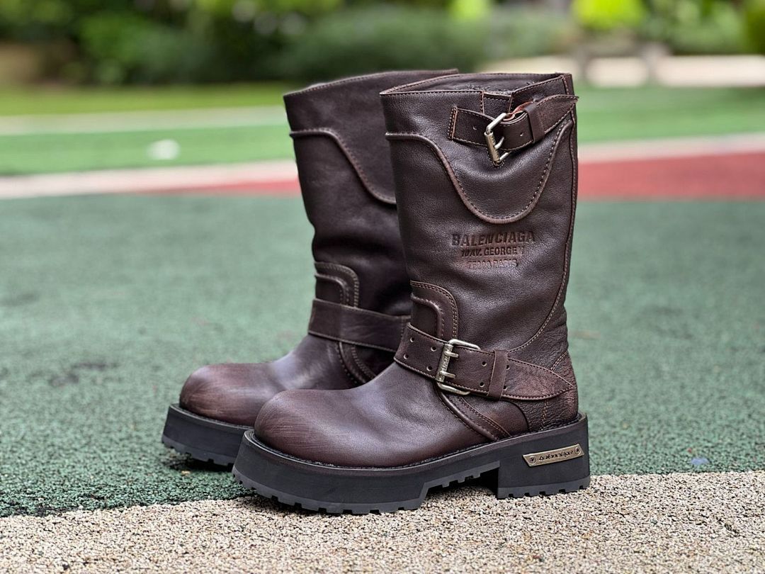 Balenciaga Leather Biker Boots 10 AV George V Paris Address Dark Brown