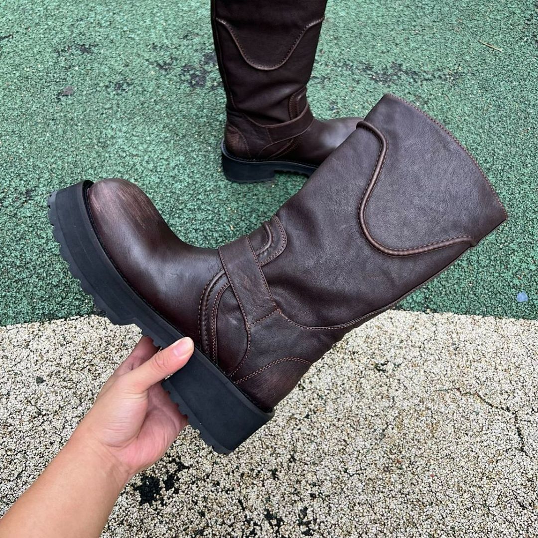 Balenciaga Leather Biker Boots 10 AV George V Paris Address Dark Brown - Image 8