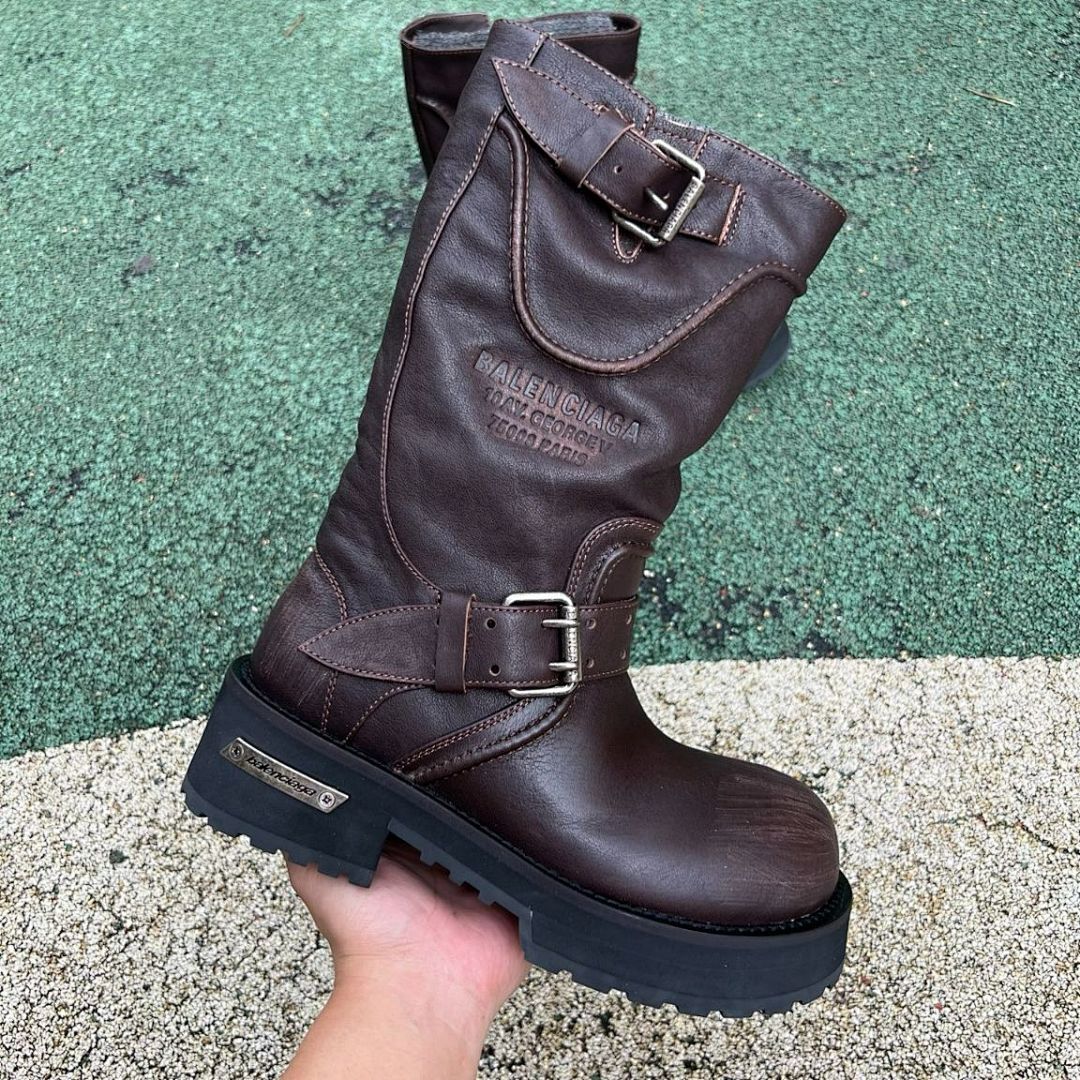 Balenciaga Leather Biker Boots 10 AV George V Paris Address Dark Brown - Image 10