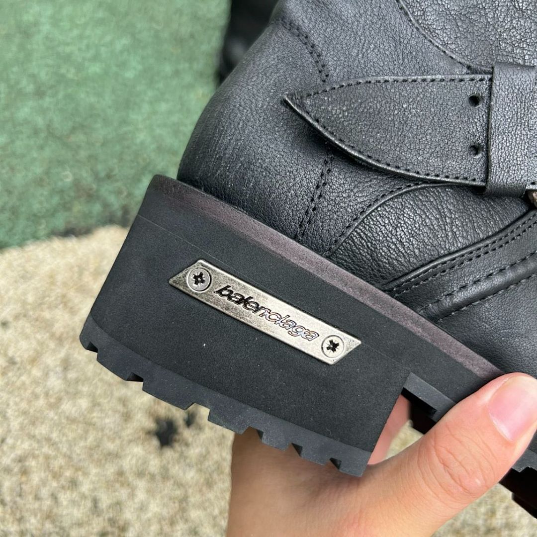 Balenciaga Black Leather Trooper Biker Boots with Embossed 10 AV. GEORGE V Paris Address - Image 3
