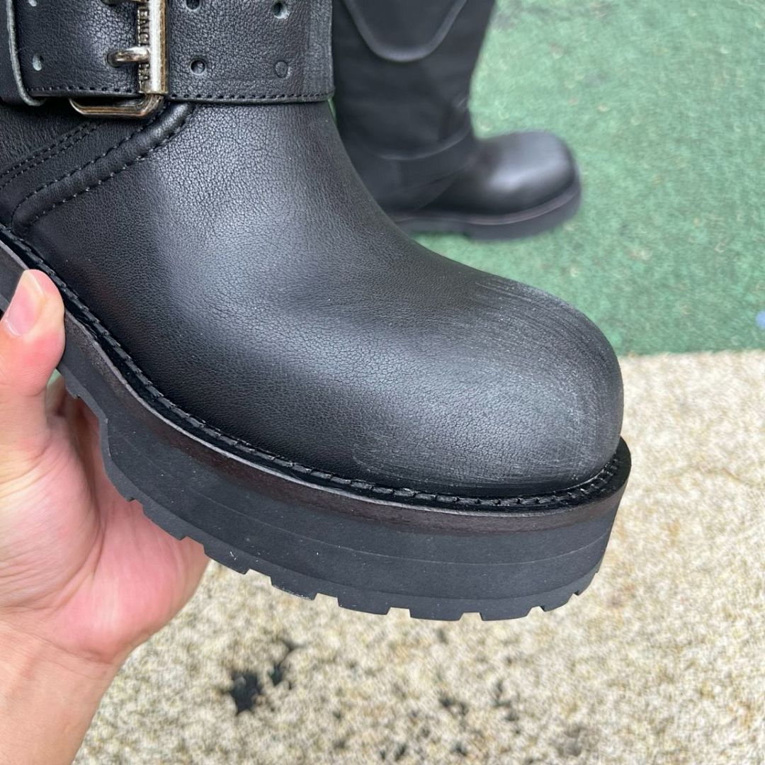 Balenciaga Black Leather Trooper Biker Boots with Embossed 10 AV. GEORGE V Paris Address - Image 4