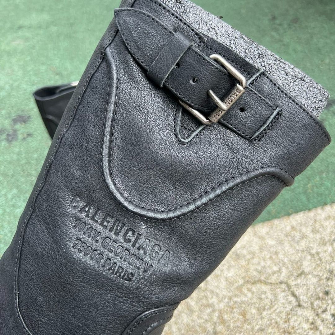 Balenciaga Black Leather Trooper Biker Boots with Embossed 10 AV. GEORGE V Paris Address - Image 6
