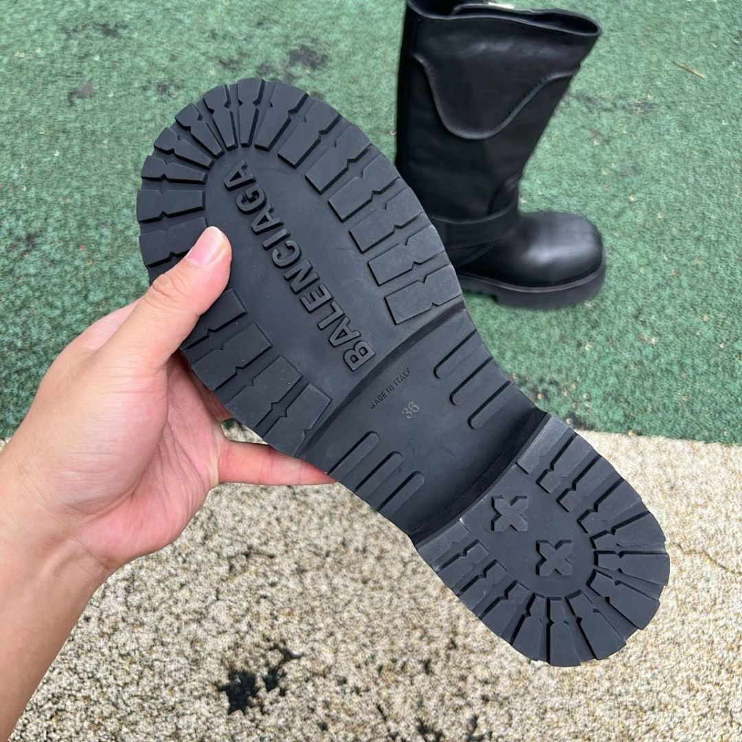 Balenciaga Black Leather Trooper Biker Boots with Embossed 10 AV. GEORGE V Paris Address - Image 7