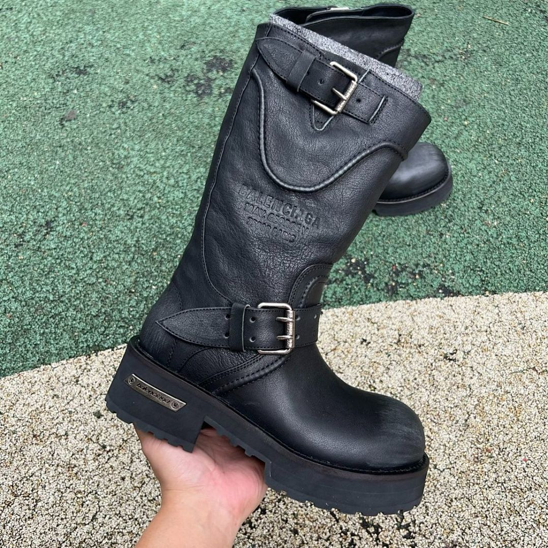 Balenciaga Black Leather Trooper Biker Boots with Embossed 10 AV. GEORGE V Paris Address - Image 10
