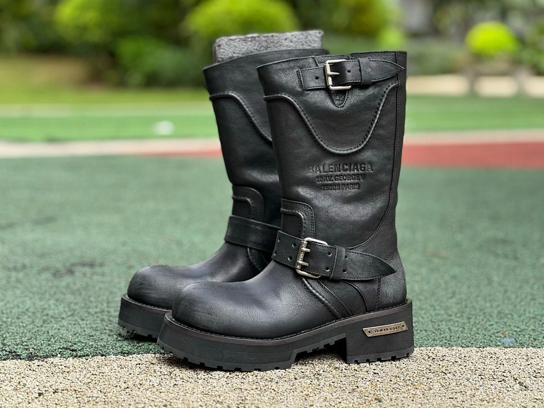 Balenciaga Black Leather Trooper Biker Boots with Embossed 10 AV. GEORGE V Paris Address - Image 11