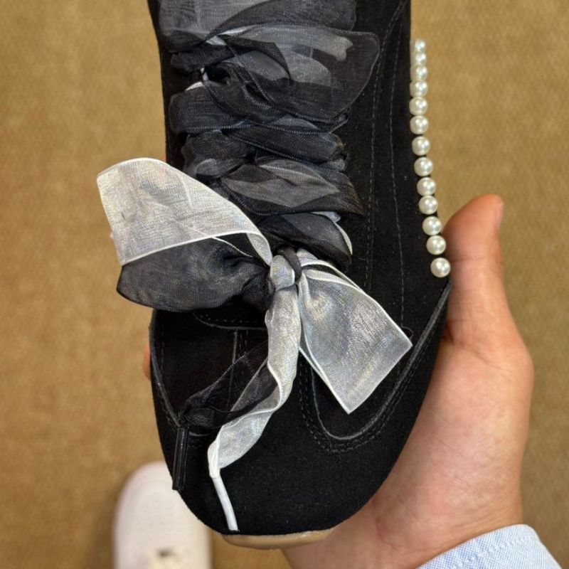 Chanel Black Suede Ribbon Pearl Sneakers - Image 3