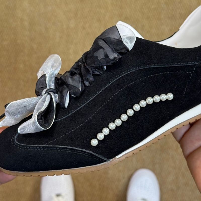 Chanel Black Suede Ribbon Pearl Sneakers - Image 4