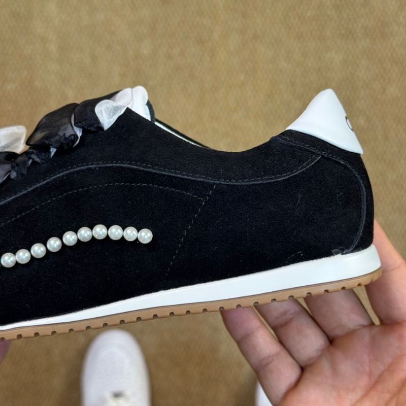 Chanel Black Suede Ribbon Pearl Sneakers - Image 5