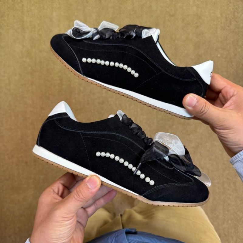 Chanel Black Suede Ribbon Pearl Sneakers - Image 8
