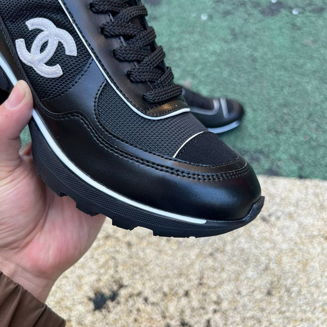 Chanel Black Platform Trainers Women's Chunky Heel Sneakers Leather Mesh G37136 - Image 3