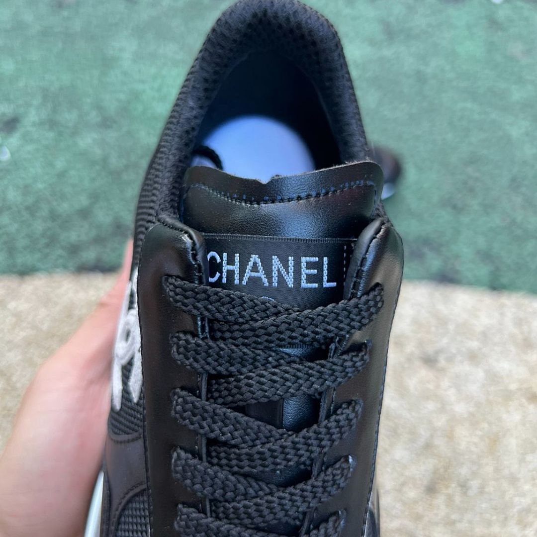 Chanel Black Platform Trainers Women's Chunky Heel Sneakers Leather Mesh G37136 - Image 5