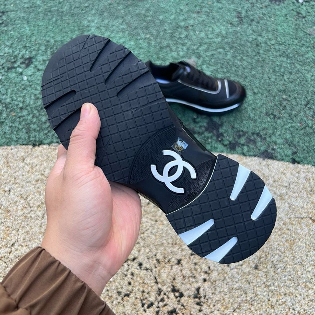 Chanel Black Platform Trainers Women's Chunky Heel Sneakers Leather Mesh G37136 - Image 6