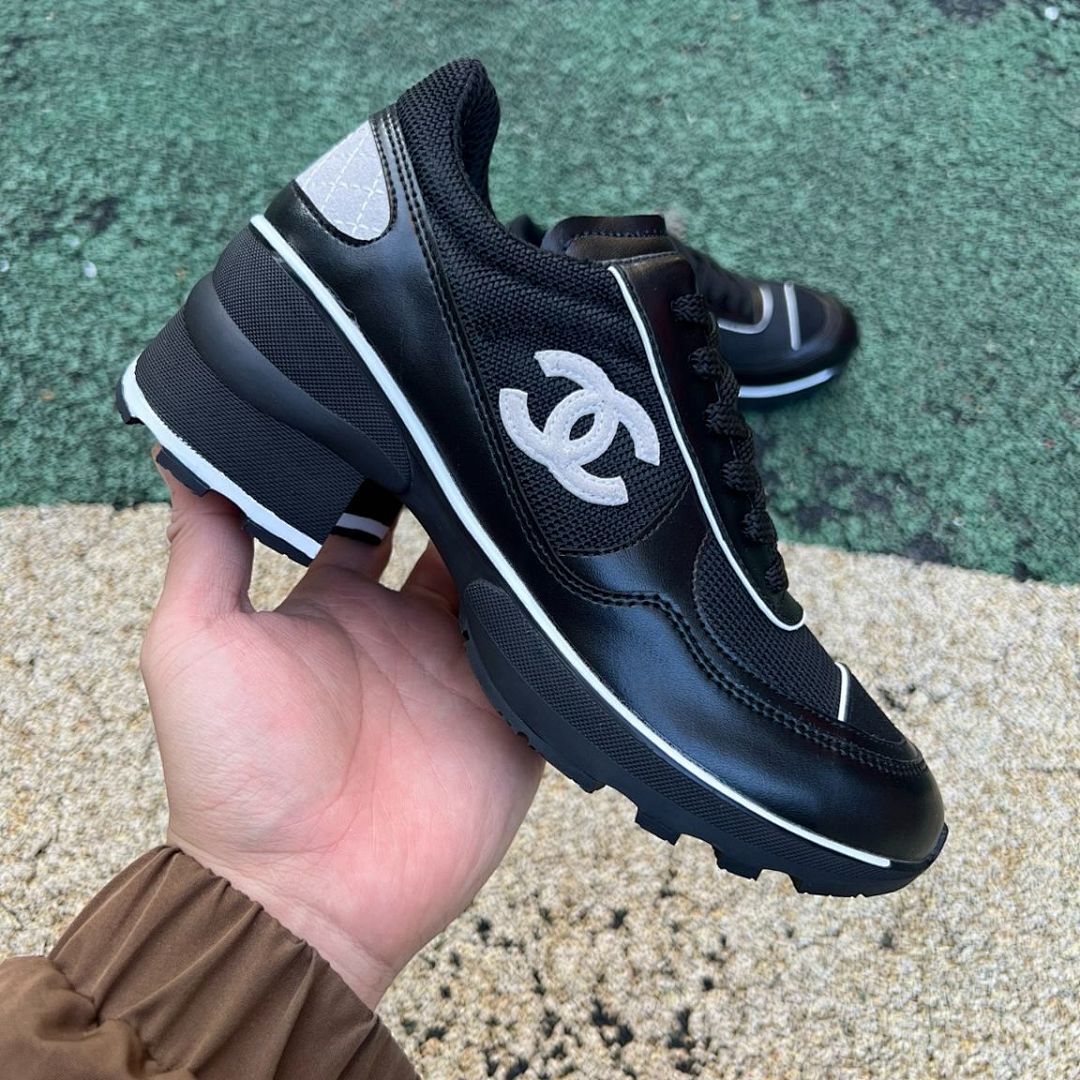 Chanel Black Platform Trainers Women's Chunky Heel Sneakers Leather Mesh G37136 - Image 9