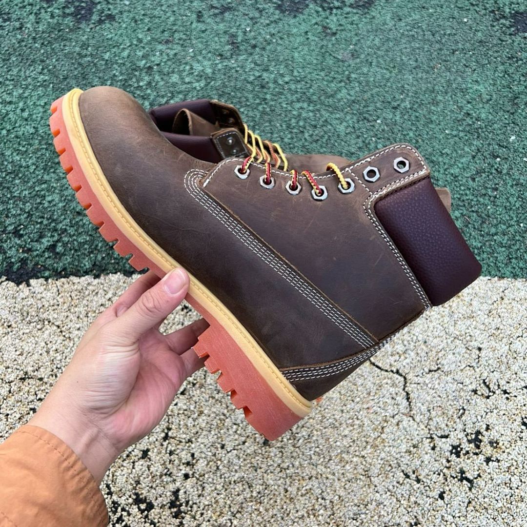 Timberland Men's 6-Inch Premium Waterproof Boots Dark Brown Nubuck Red Lug Sole A10001 - Image 7