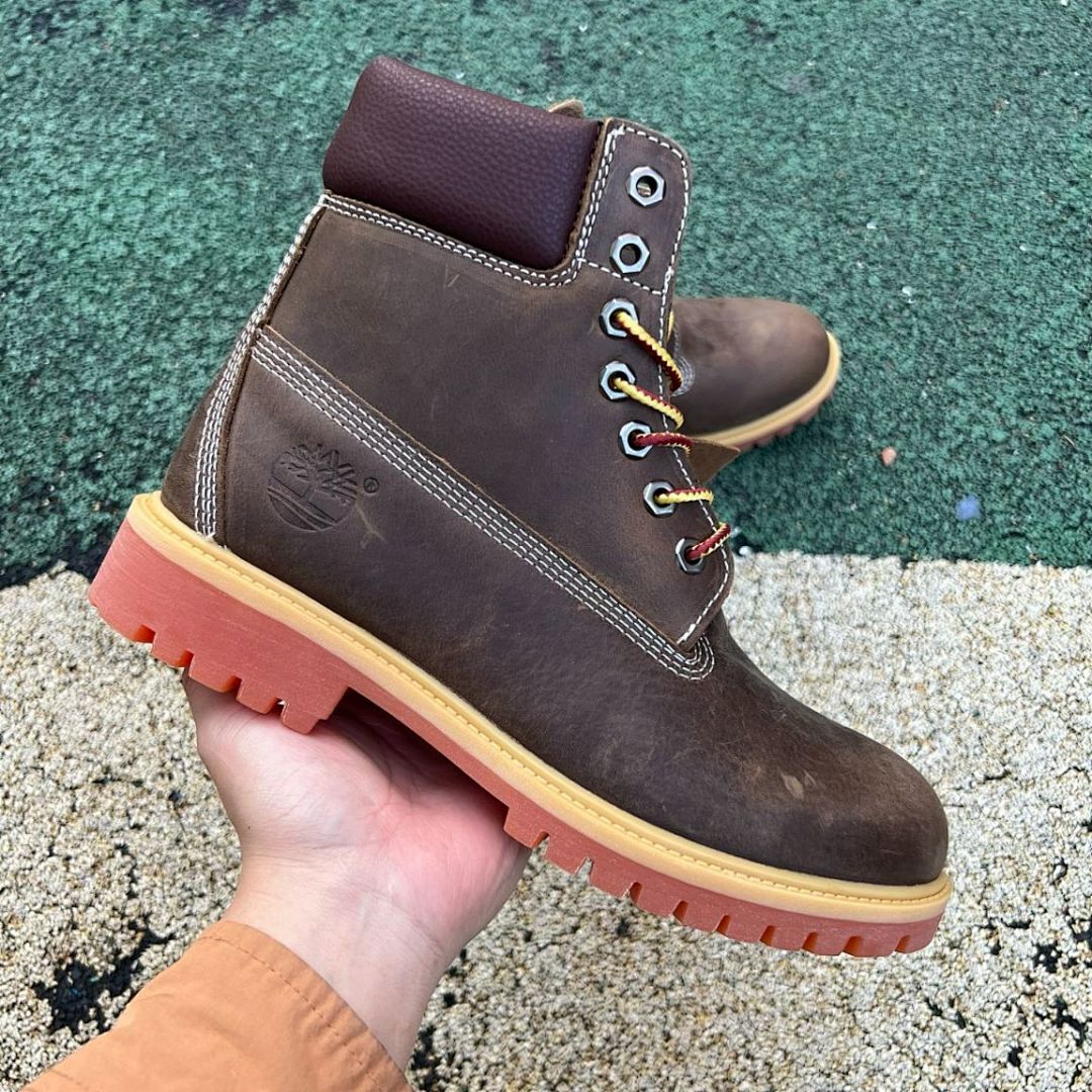 Timberland Men's 6-Inch Premium Waterproof Boots Dark Brown Nubuck Red Lug Sole A10001 - Image 9