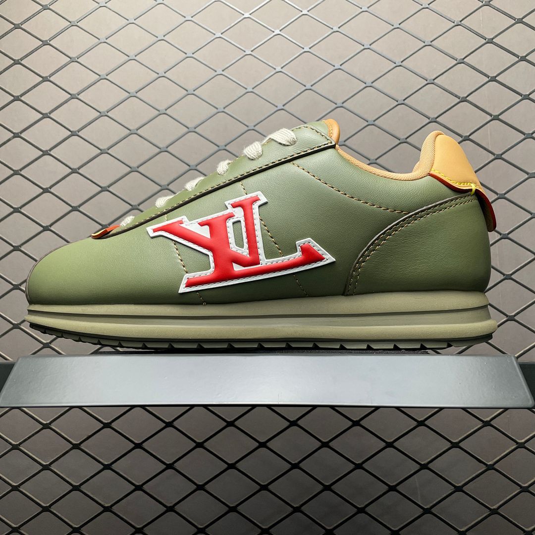Louis Vuitton Men's LV Runner Khaki Green Leather Sneakers Red LV Logo