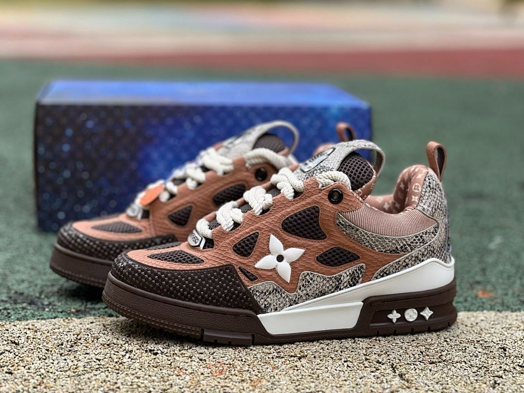 Louis Vuitton LV Trainer Sneaker Men's Brown Python-Effect Leather & Mesh Low Top Luxury Shoes