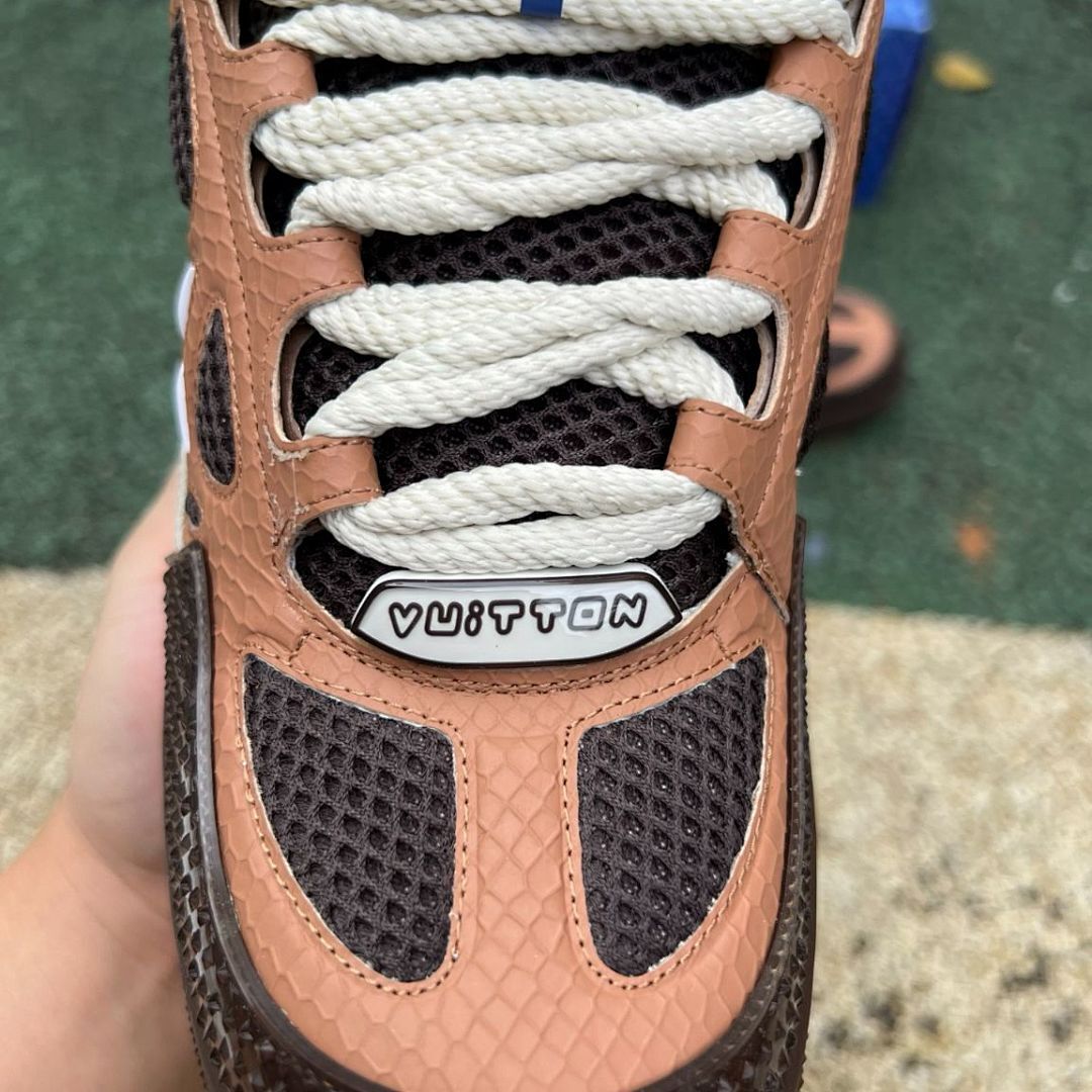 Louis Vuitton LV Trainer Sneaker Men's Brown Python-Effect Leather & Mesh Low Top Luxury Shoes - Image 3