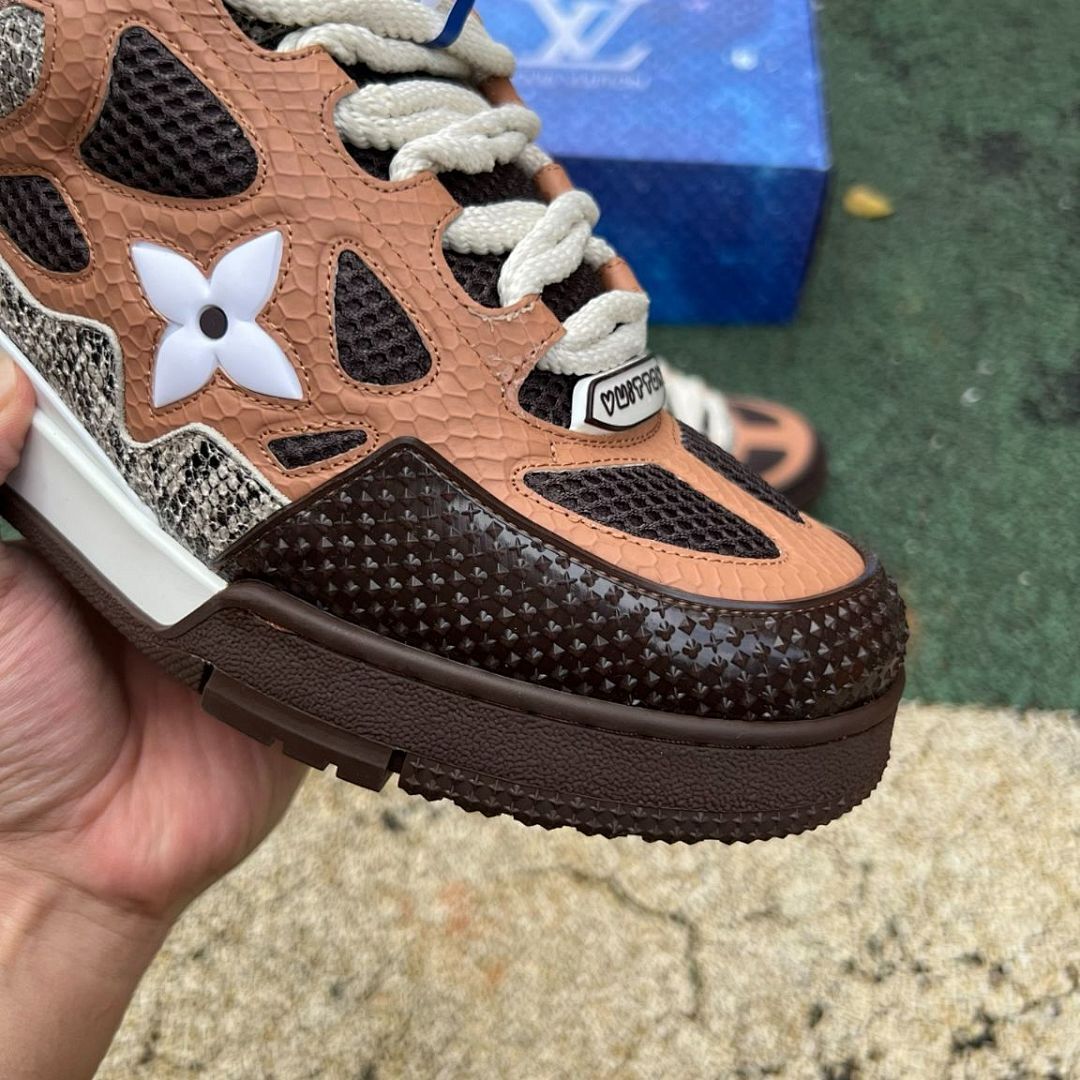 Louis Vuitton LV Trainer Sneaker Men's Brown Python-Effect Leather & Mesh Low Top Luxury Shoes - Image 4
