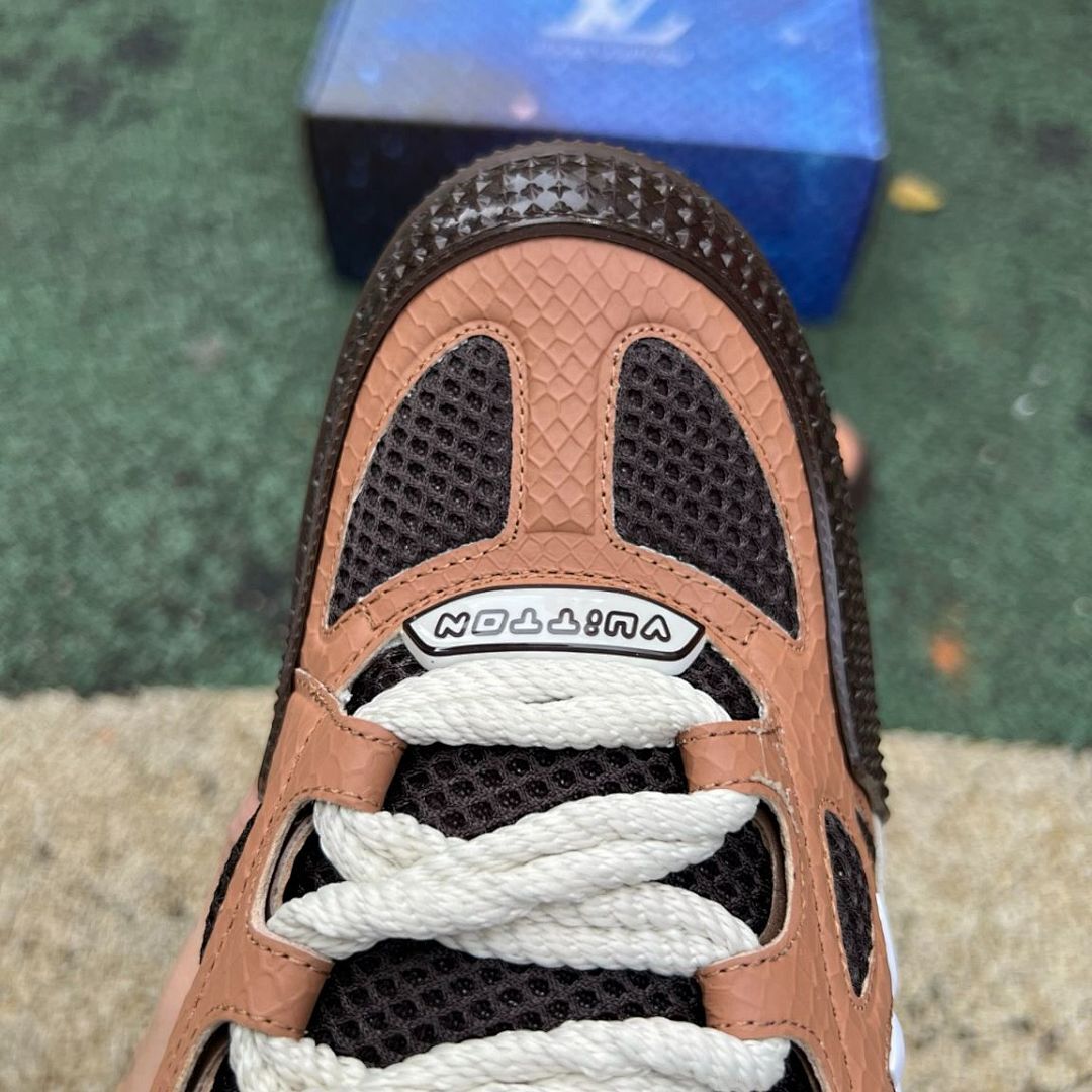 Louis Vuitton LV Trainer Sneaker Men's Brown Python-Effect Leather & Mesh Low Top Luxury Shoes - Image 5
