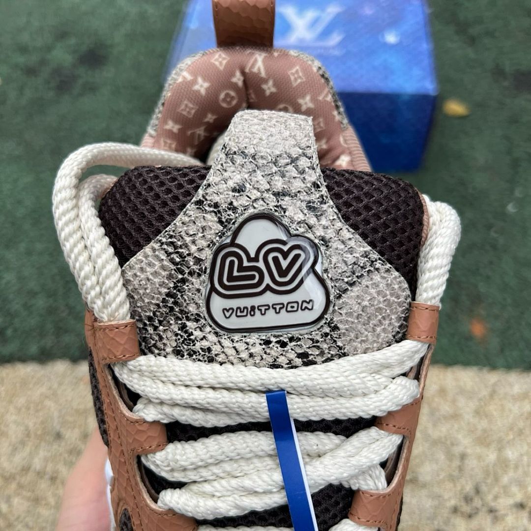 Louis Vuitton LV Trainer Sneaker Men's Brown Python-Effect Leather & Mesh Low Top Luxury Shoes - Image 6