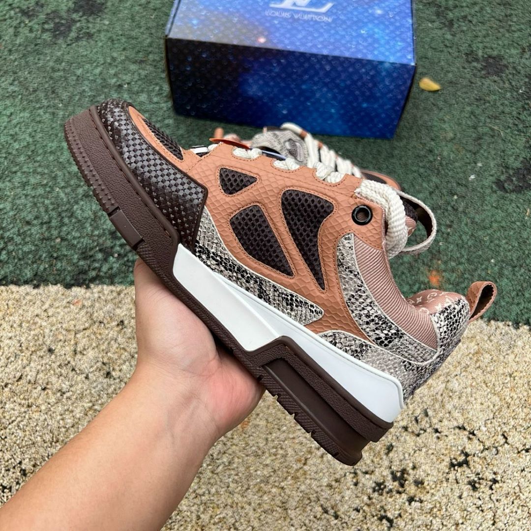 Louis Vuitton LV Trainer Sneaker Men's Brown Python-Effect Leather & Mesh Low Top Luxury Shoes - Image 8