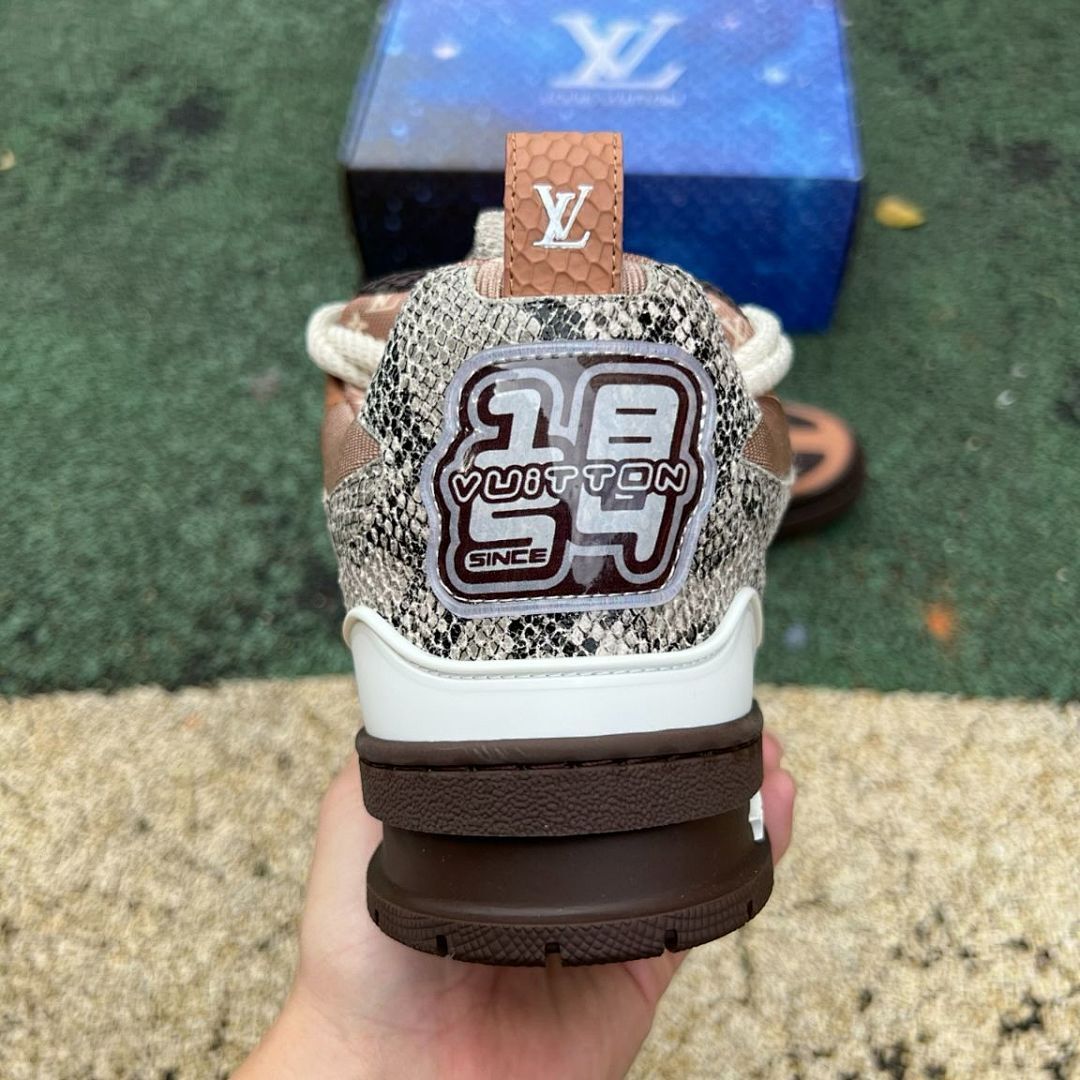 Louis Vuitton LV Trainer Sneaker Men's Brown Python-Effect Leather & Mesh Low Top Luxury Shoes - Image 9