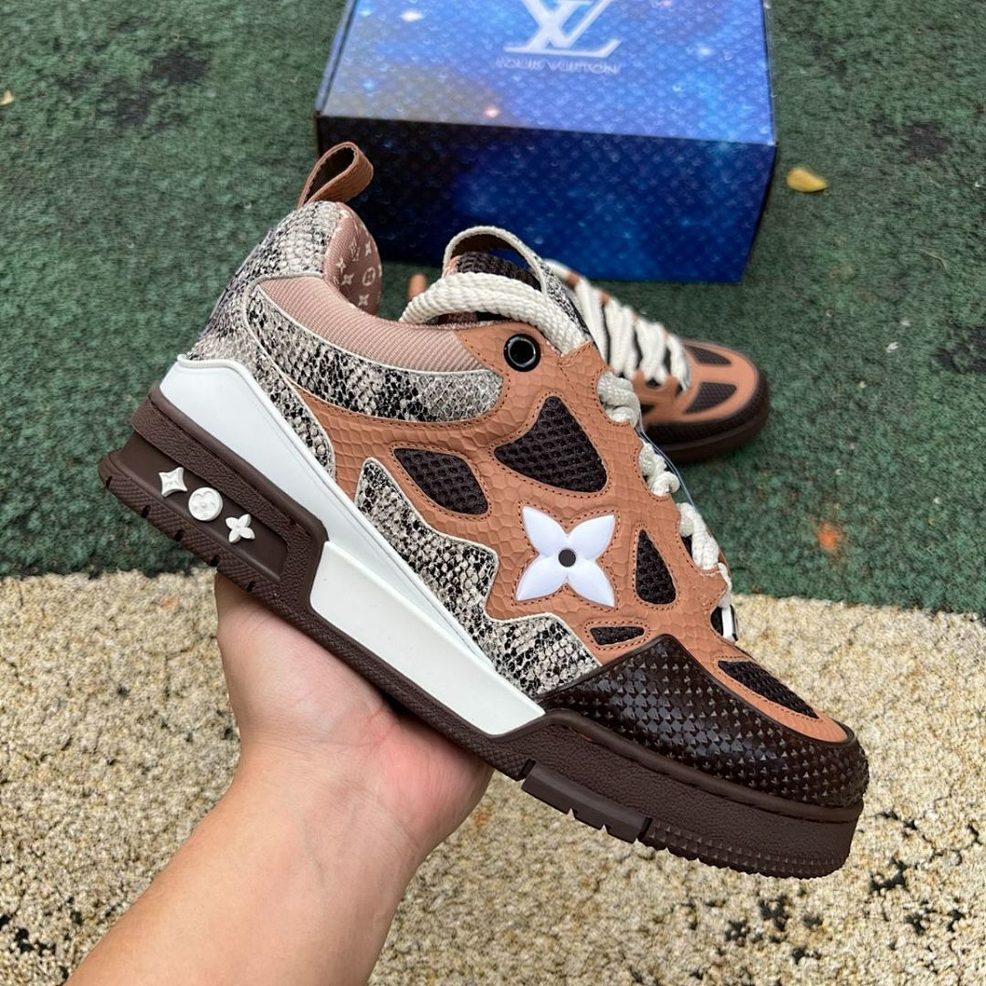 Louis Vuitton LV Trainer Sneaker Men's Brown Python-Effect Leather & Mesh Low Top Luxury Shoes - Image 10