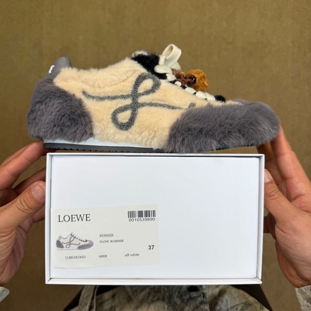 LOEWE Flow Runner Shearling Sneakers Ecru Dark Grey Luxury Designer Trainers - Image 3